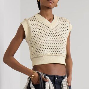 Guest in Residence Cropped Open Knit Cotton Vest XXL Cream V Neck Sleeveless